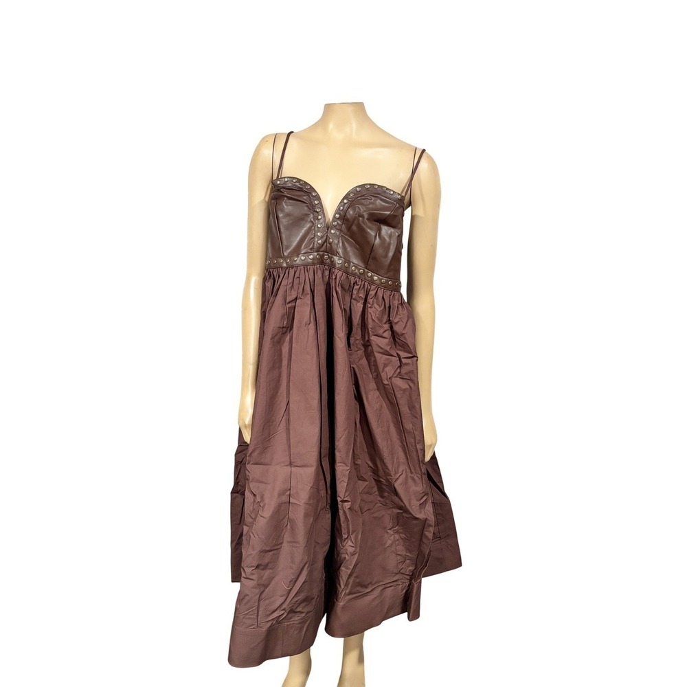 Maeve Anthropologie Brown Studded Faux Leather Mixed Media Midi Edgy NEW 2X